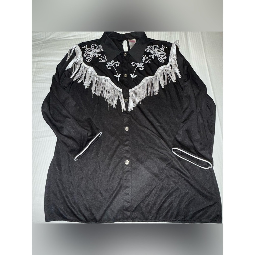 Barbie The Movie Western Cowgirl Shirt Black Silver Fringe Floral Large